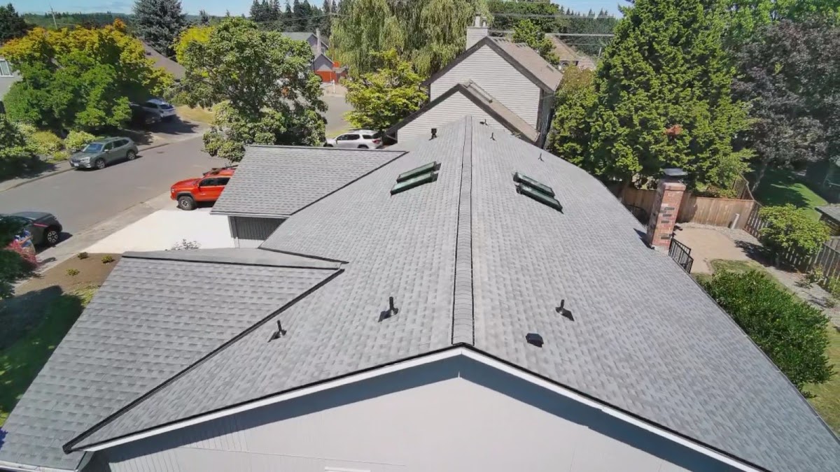 Aerial view of a completed roof in the Portland metro area